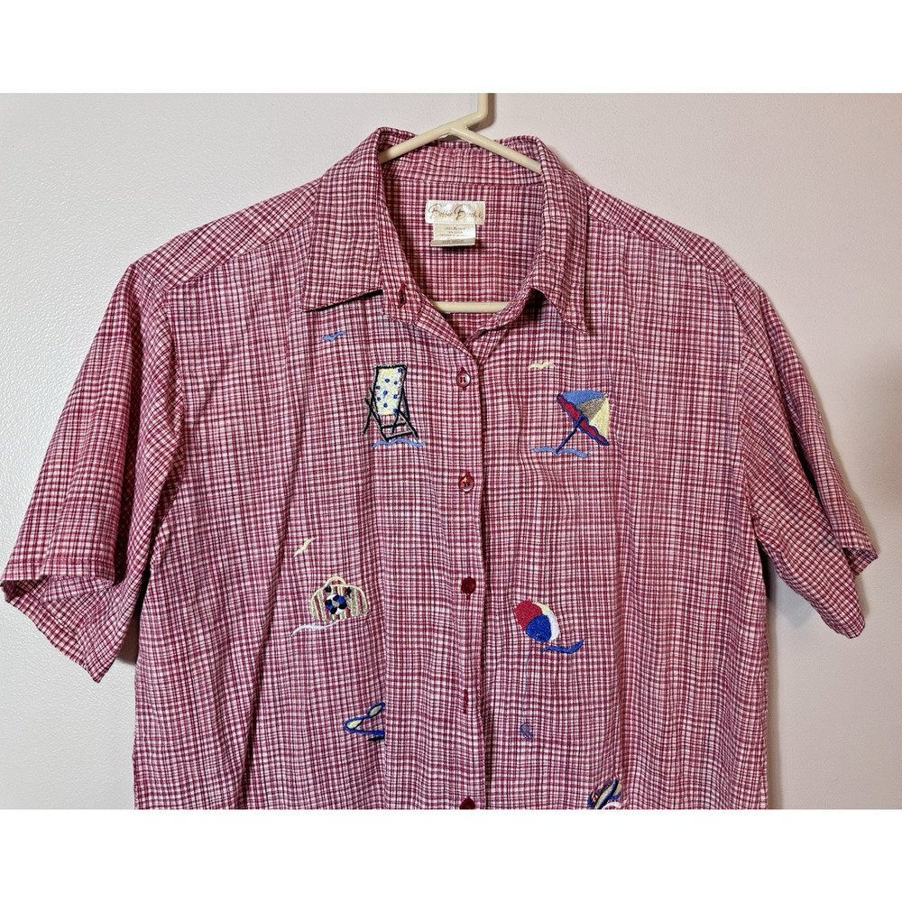Vintage 90’s Bobbie Brooks Shirt Size XL Red Checkered Sailboat Beach Vacay Top - Picture 3 of 11
